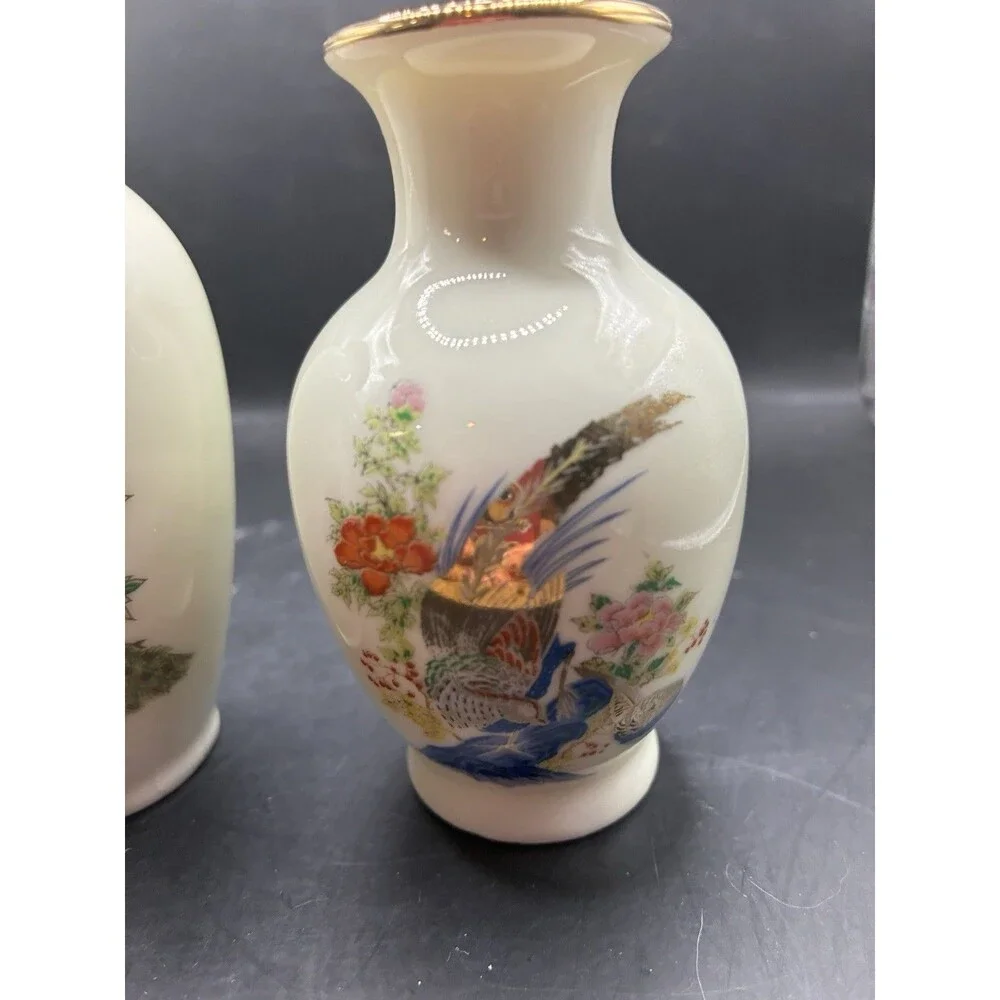 2 Vintage Mini Japanese Porcelain Vases. One With Peacock One with Pheasant,